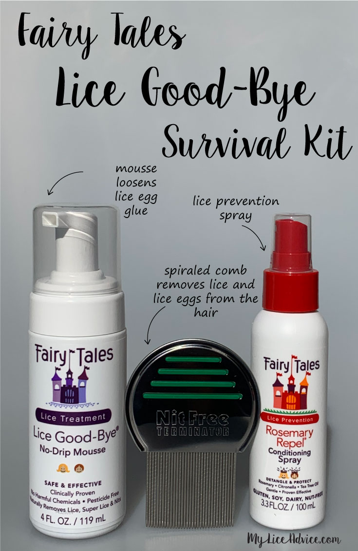 Fairy Tales Lice Good-Bye Survival Kit with arrows pointing to each item indicating why it is a good choice