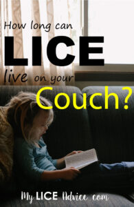 A young girl is reading a book on a green fabric couch. There is a window in the back ground. The words "How long can lice live on your couch" appear over the image.
