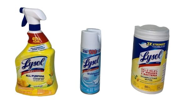 3 different types of lysol featured. Lysol spray, lysol aerosol, and lysol wipes