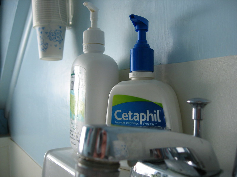 cetaphil cleanser next to the bathroom sink