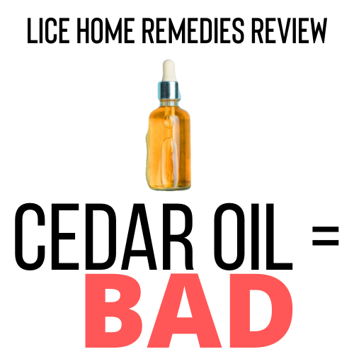 A bottle of cedar oil, presumably being used as a home remedy for head lice. Cedar Oil is a bad home remedy for lice