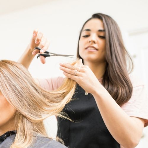 A hairdresser cutting a woman's hair, presumably the woman has lice.