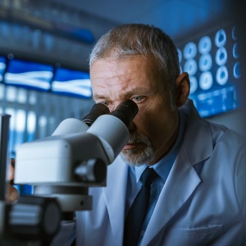 researcher looking through microscope, presumably looking at head lice