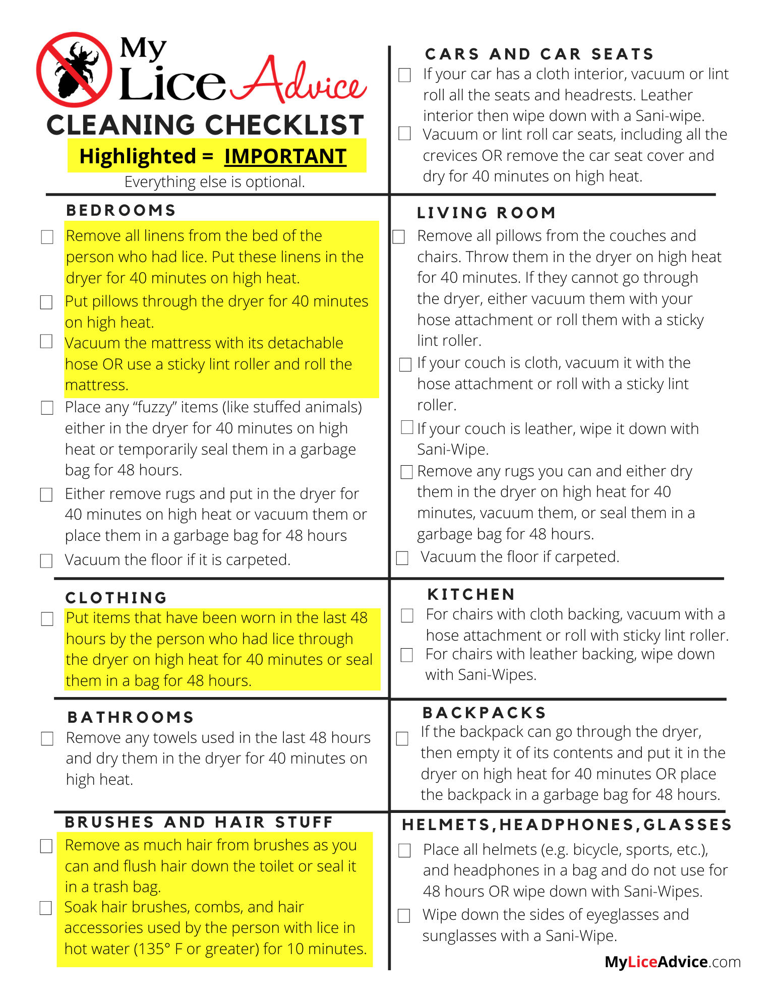 Lice Cleaning Checklist