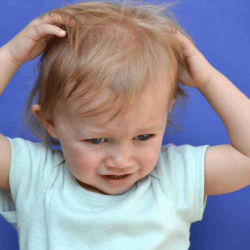 young child scratching their head presumably related to head lice