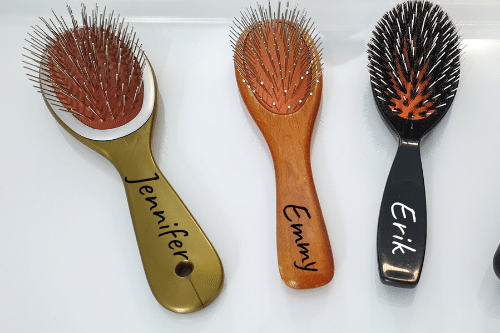 3 hair brushes labeled with children's names to prevent the spread of head lice