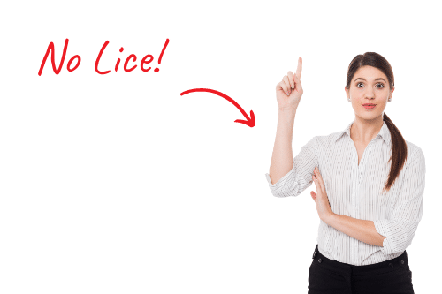 woman with her hand up and the words "no lice"