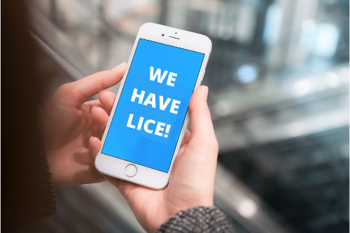 cell phone with a text message that says, "we have lice"