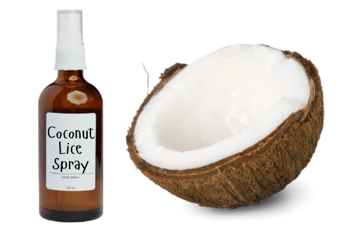 brown bottle labeled coconut lice spray and a coconut