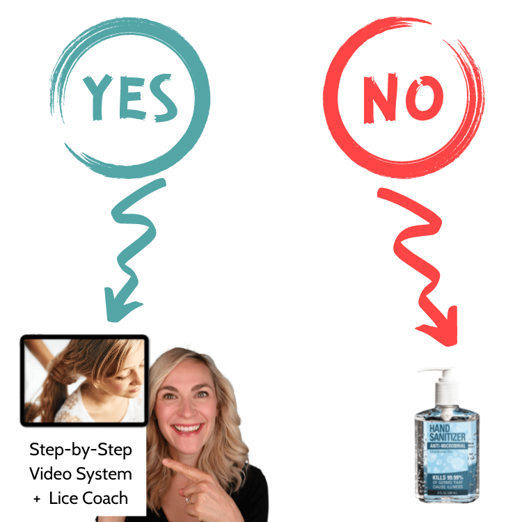 picture of hand santizer vs lice expert with the words yes and no