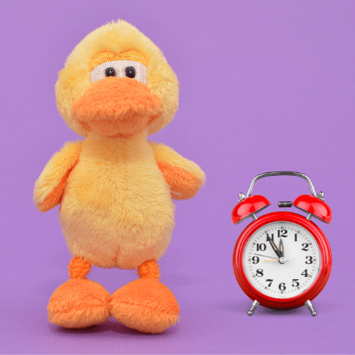 stuffed animal staning next to a clock